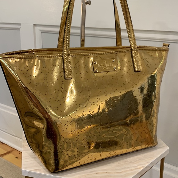 kate spade Handbags - Kate Spade Harmony Gold Mirror Metro Perforated Logo Large Tote EUC
